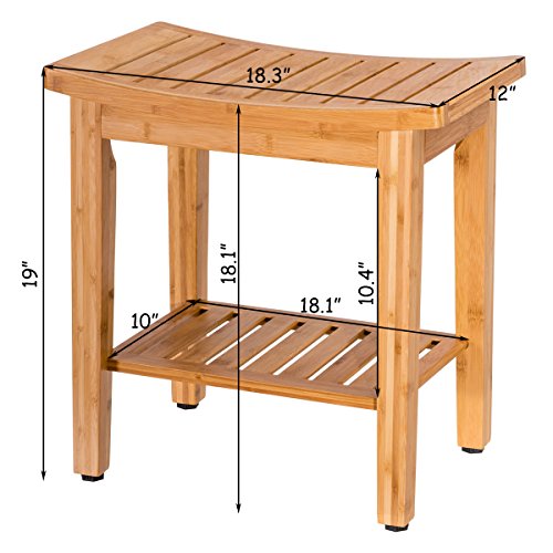 Giantex 18'' Bamboo Shower Bench Seat w/ Storage Shelf Bathroom Seat Spa Bath Organizer Stool Perfect for Indoor Outdoor - Thumbnail 6