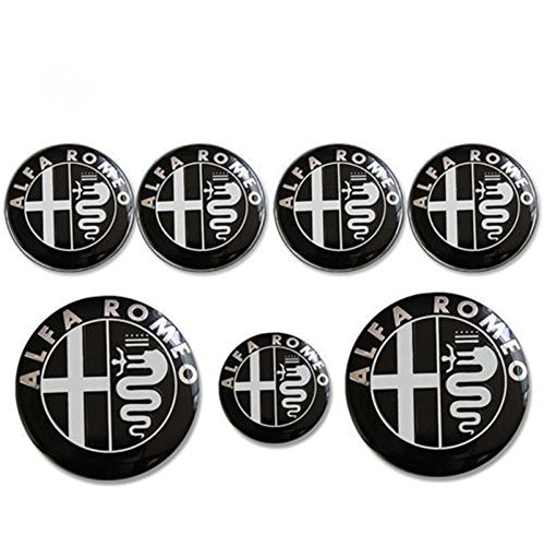 kil1 7pcs ALFA Romeo Badge Stickers Front Hood Rear Emblem Wheel Hub Cap Black Color