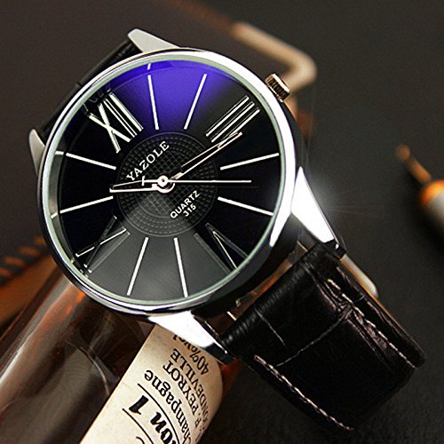 OWMEOT Watch Luxury Fashion Faux Leather Mens Quartz Analog Watch Watches (Black)