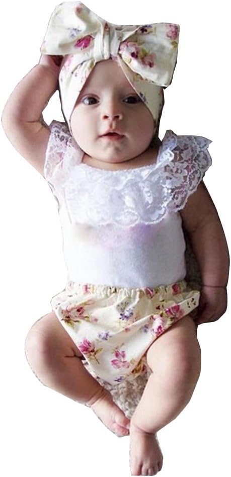 Baby Girl Outfit Summer Toddler Top 3PC Lace Tank + Floral Pant Infant Bodysuit