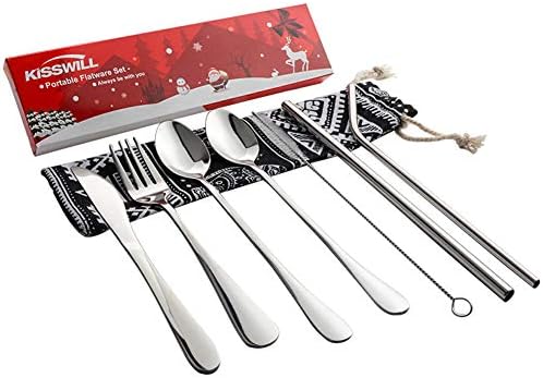 KISSWILL Portable Flatware Set, 8 Pieces Travel Utensil set with Case for Traveling Picnic Camping or Lunch Box, Dishwasher Safe (Black-M)