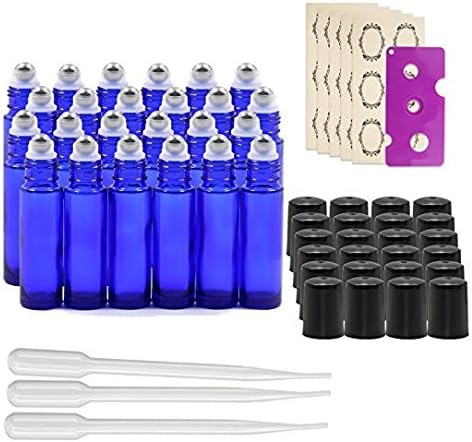 24 pcs, 10ml Cobalt Blue Glass Roller Bottles with Stainless Steel Roller Ball for Essential Oil - Includes 24 Pieces Labels, Essential Oils Opener, 3 Droppers (24pc Cobalt Blue Set)