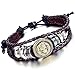 Flongo 2PCS Men's Women's Alloy Black & Brown Leather Bracelet Bangle Cuff Bronze Lion Head Surfer Wrap Braided Biker Adjustable Fit 8~11 inch