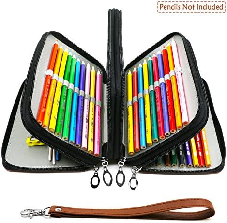 YOUSHARES 72 Slots Pencil Case - PU Leather Handy Multi-layer Large Zipper Pen Bag with Handle Strap for Colored/Watercolor Pencil (Brown)