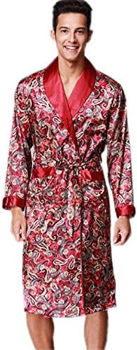 YUAKOU Men's Long Sleeve Satin Kimono Robes Dragon Phoenix Pattern Silk Nightwear Bathrobes Spa