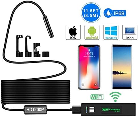 Faxpot Wireless Endoscope, 2.0MP 1200P HD Inspection Camera Wi-Fi Borescope with 3.5 Meters(11.5ft) Cable and 8 LED IP68 Waterproof Snake Camera for iOS and Android Smartphone Windows/MAC System