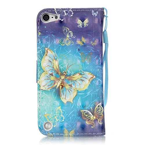 iPod Touch 6 Case, iPod Touch 5 Case, Lwaisy [Wrist Strap] [Stand Feature] Premium PU Leather Wallet Phone Case Flip Cover Built-in Card Slots for Apple iPod Touch 5 6th Generation (Gold Butterfly) - Thumbnail 3