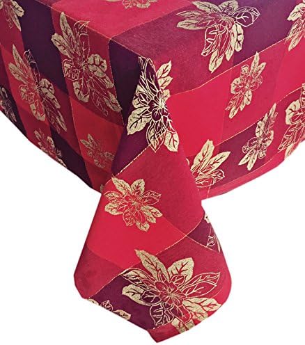 Christmas Golden Poinsettia Red and Gold Cotton Weave Holiday Tablecloth, 60 " x 84" Oblong/Rectangle