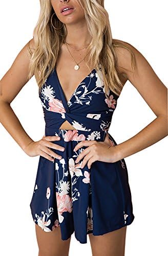 RUIGO Women's Lace Trim Deep V Neck Sexy Long-Sleeved Lotus Chiffon Jumpsuit Romper Playsuit (L, Navy Blue)