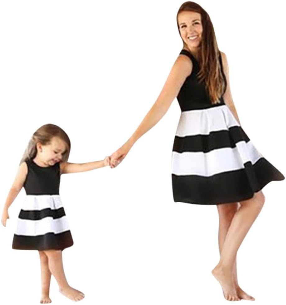 Mommy＆Me Dress Women Baby Girls Striped Print Princess Dresses Casual Family Mother Daughter Matching Shirt (Black Baby, 3T)