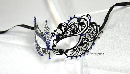 Luxurious Black Filigree Handcrafted Metal - Venetian Masquerade Mask with Royal Sapphire Diamonds