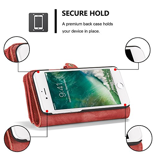 FLY HAWK iPhone 8 PU Leather Wallet Magnetic Phone Case Detachable Protective Case with Card Holder Folio Flip Cover, Red - Thumbnail 5
