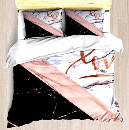 ZOMOY Elegant Rose Gold Faux Marble with Love Duvet Cover Set Soft Comforter Cover Pillowcase Bed Set Pattern Design Duvet Covers Blanket Cover Twin/XL Size