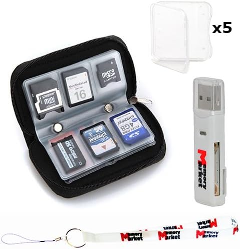 MemoryMarket Memory Card Carrying Case - Black / Wallet / Holder / Organizer / Bag - Storage for SD SDHC CF xD Camera Memory Cards with (5) Clear SD Jewel Cases, Lanyard & Dual Slot Memory Card Reader