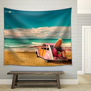 Vintage Sunny Day and Holidays Car in Formentera Beach, Spain - Fabric Wall Tapestry Home Decor - 51x60 inches