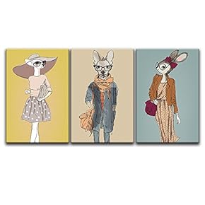 3 Panel Animal Canvas Wall Art - Hand Drawing Cartoon Rabbits and Kangroo - Giclee Print Gallery Wrap Modern Home Art Ready to Hang - 16"x24" x 3 Panels