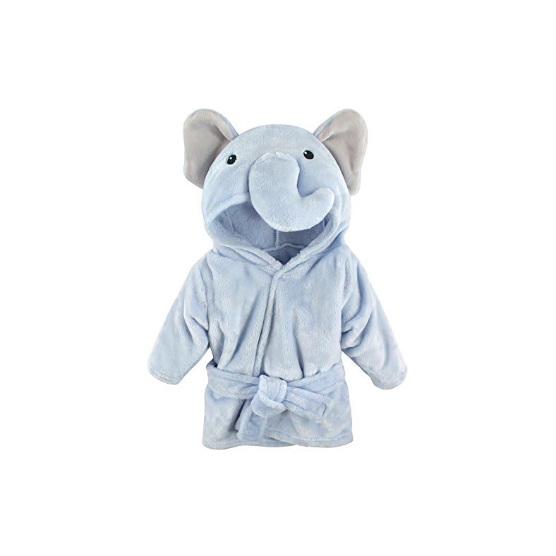 Hudson Baby Unisex Baby Plush Animal Face Bathrobe, Blue Elephant, 0-9 Months