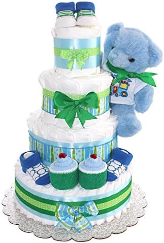 Blue Teddy Bear Diaper Cake For Girl Or Boy 4Tier - Unique Baby Gift For Baby Shower - Practical Newborn Present For Mom - To - Be (Blue)
