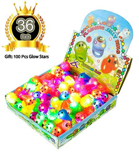 Mikulala 36 Pack Glow In The Dark Party Favors for Kids Light Up Rings Toys(6 Colors 10 Shapes) with 100 Pcs Stars - Party Supplies, kid prizes, Flashing Led Jelly Bumpy Rings for Birthday, Football