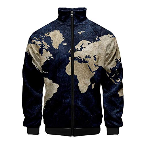 LUCAMORE Unisex Casual 3D Map Printed Long Sleeve Full Zip Jacket Standing Collar Coat Tops Sweatshirt XS-4XL Dark Blue