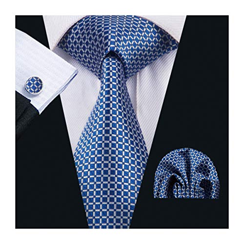 Silk Tie Royal Blue Plaid Pocket Square Cufflinks Set Men's Formal Necktie Classic