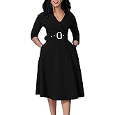 Elainone Women’s 3/4 Sleeve Flared A Line Dress Wedding Guest Casual Semi Formal Office Lady Dresses with Belt