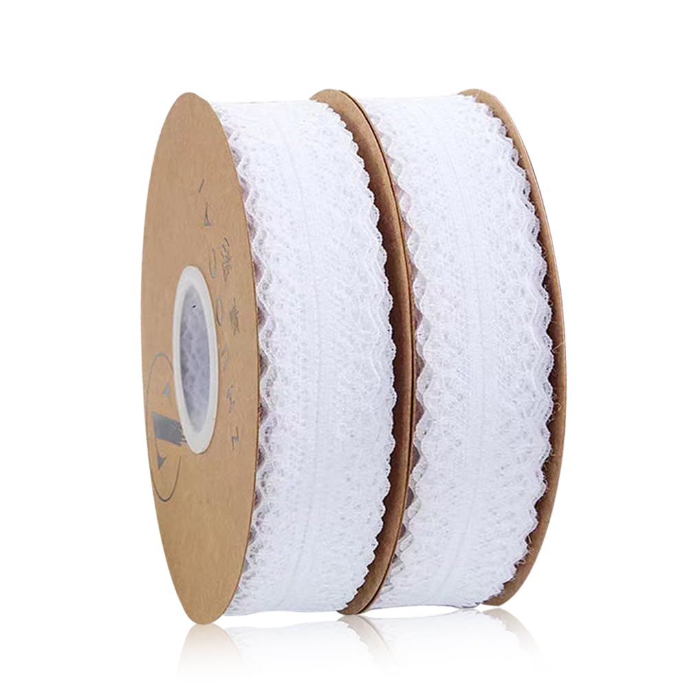 White Lace Ribbon, 2 Rolls Decorative Ribbon Lace Fabric, Vintage Decorative Laces Crochet Laces Sewing Roll for Sewing Craft Wedding Decoration(3cm x 23m Each)