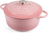 Nuovva Enamelled Cast Iron Dutch Oven 6.4 Qt Pink Ceramic Pot Lid 28cm