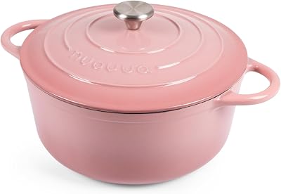 Nuovva Enamelled Cast Iron Dutch Oven 6.4 Qt Pink Ceramic Pot Lid 28cm