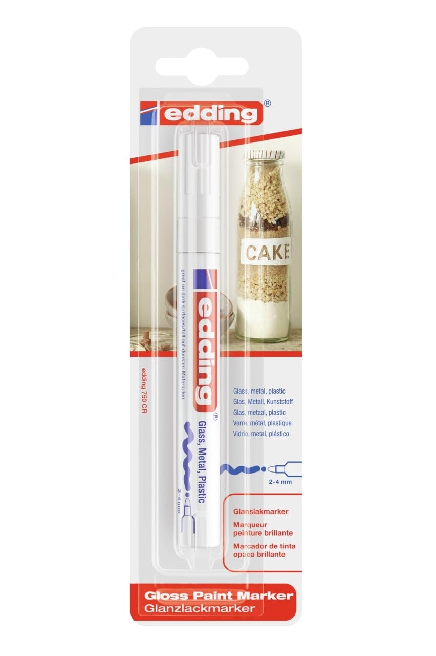 edding 750 gloss paint marker - white - pack of 1 paint marker - round nib 2-4 mm - paint pen for glass, pebbles, wood, plastic, paper - waterproof, high coverage