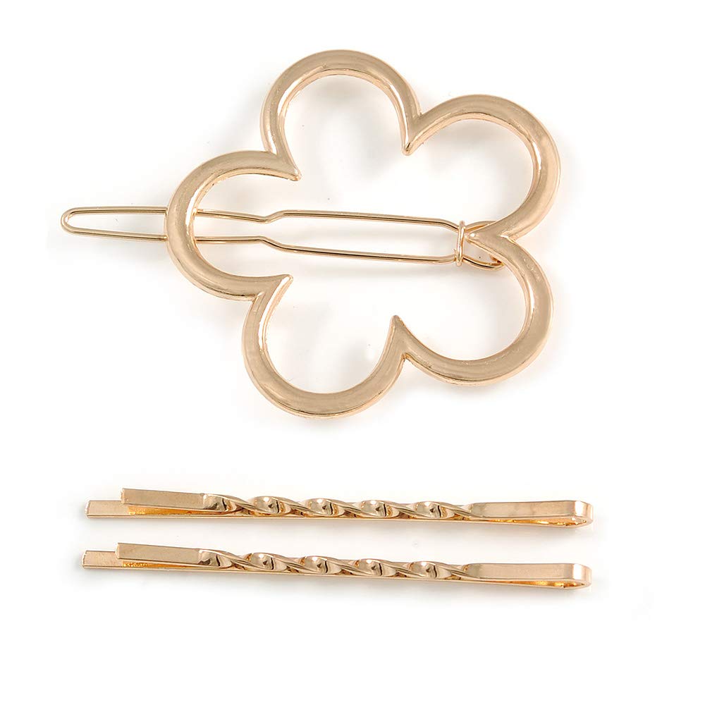 Set Of Twisted Hair Slides and Open Flower Hair Slide/Grip In Gold Tone Metal