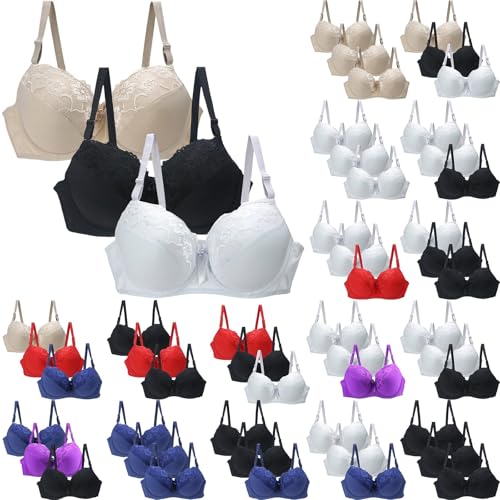 3 Pc Lace Bra Plus Size For Women - Padded Sexy Floral Bra Full Cup Non Wired Bras Push Up Soft Cup With Adjustable Straps Everyday Bras Anti-Sagging Lace Bralette For Large Bust Comfort Bralette 1