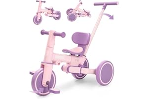 Bobike 5-in-1 Tricycle for Toddlers 18 Months to 5 Years Old, Kids Tricycle with Push Handle and Backrest, Toddler Balance Bike with Easy Assembly for Boys and Girls (Purple)