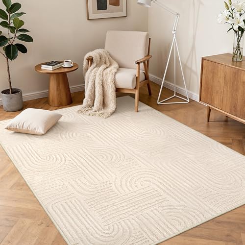 BEIMO Modern Rug 120x160CM, Soft Short Pile Rug with 3D Effect, Washable and Non-Slip for Living Room, Bedroom, Kitchen, Hallway, Beige