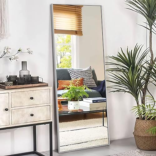 CAMLEO Full Length Mirror 16.6" x 60" rectangle Aluminum alloy Large Standing Dressing Mirror Hanging Leaning Against Wall Mounted Mirror with Stand for Bedroom Locker Room Living Room (silvery white)
