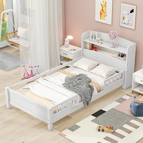 Jintop Twin Size Platform Bed with Built-in LED Light,Multi-Functional Wood Bed…