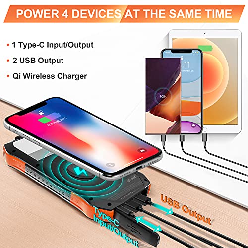 PD 18W QC 3.0 Solar Power Bank, 16000mAh Qi Portable Solar Charger, Fast Charging External Battery Compatible with iPhone, iPad, GPS, etc. IP65 Flashlight for Outdoor Camping (16000mAh)