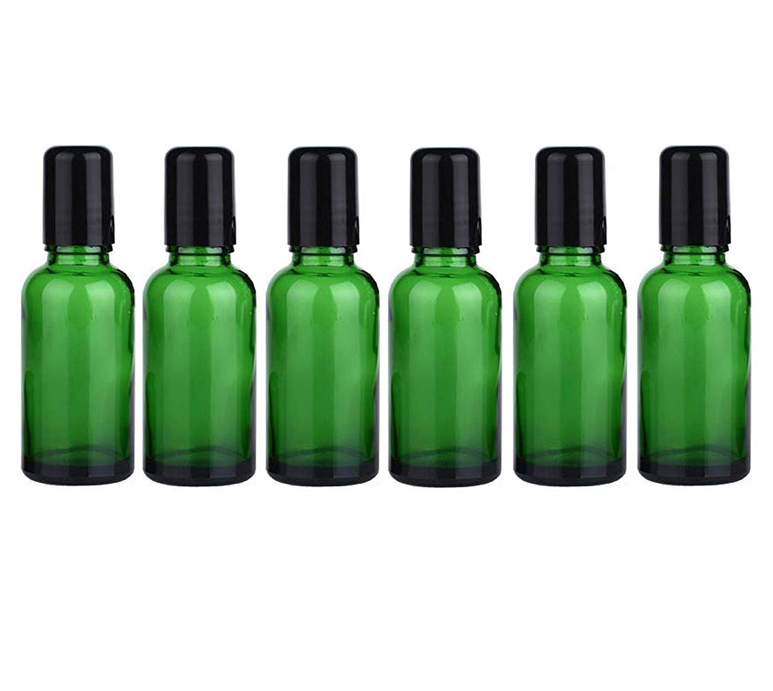 VASANA 6PCS 30ml/1oz Empty Refill Green Glass Essential Oil Sample Packing Roll-on Bottles with Metal Roller Balls and Black Cap Cosmetic Aromatherapy Perfumes Lip Balms Vial Storage Holder Jar Pots