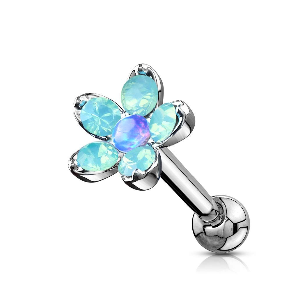 PiercedOff 316L Surgical Steel Externally Threaded Cartilage Barbell Stud with Blue Synthetic Opalite Flower - Thickness 16GA (1.2mm) / Length 6mm / Ball Size 3mm / Flower 8mm