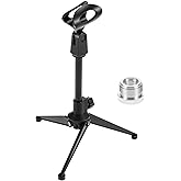 QWORK Desk Mic Stand, Foldable Desktop Microphone Tripod Stand, with 5/8" Male to 3/8" Female Adapter, for Dynamic &amp; Condenser Mics