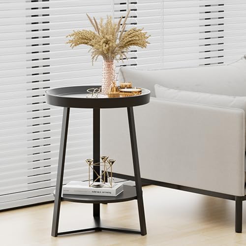 Gadroad Round End Table with Storage Shelf, 2 Tier Farmhouse Circle Side Table Nightstand Sofa Table for Living Room, Bedroom, Wood Tabletop & Black Metal Frame (15.7 * 15.7 * 23inches, Black)