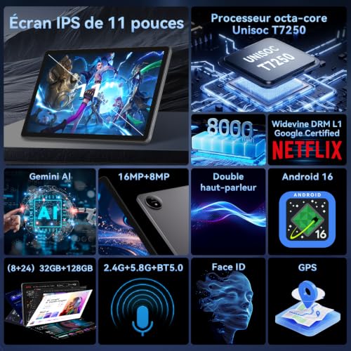 11 Inch Android Tablet with Gemini AI|T7250 Octa-Core | 32GB RAM + 128GB ROM (2TB TF)| IPS FHD 1920x1200|GPS | Widevine L1|8000mAh|16MP + 8MP Camera|WiFi 5.8G and 2.5G .4G | BT 5.0|GPS (Grey)