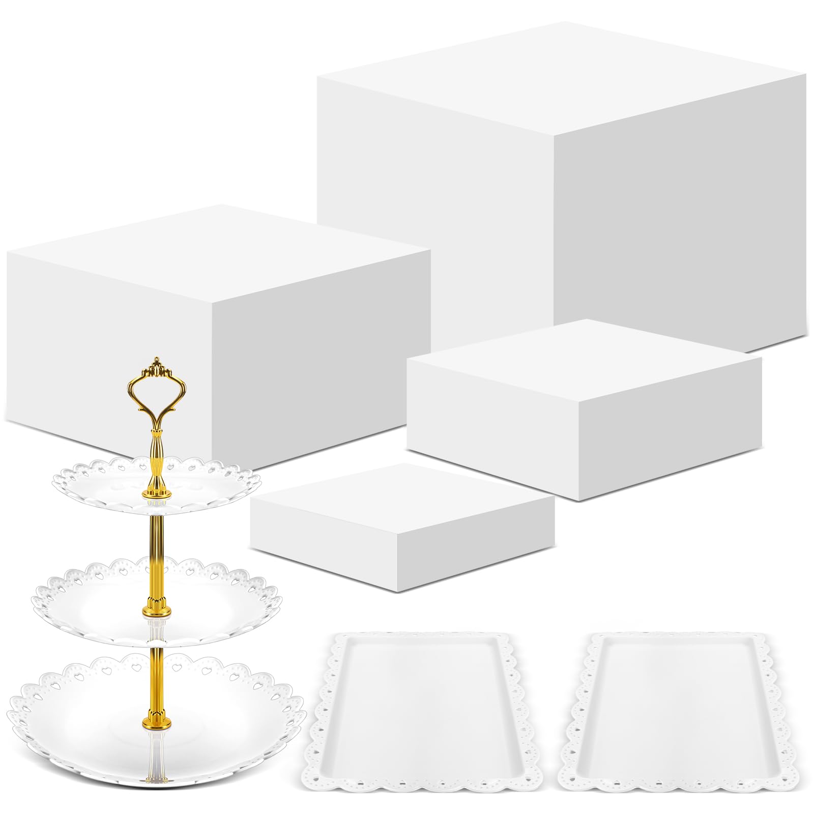 Photo 1 of ***Parts only***

Baderke  Pcs Buffet Risers with Cupcake Stand Holder Serving Tray, Food Risers for Buffet Table, Display Stand Catering Dessert Collectibles, Acrylic Cube Boxes Nesting for Party(White)