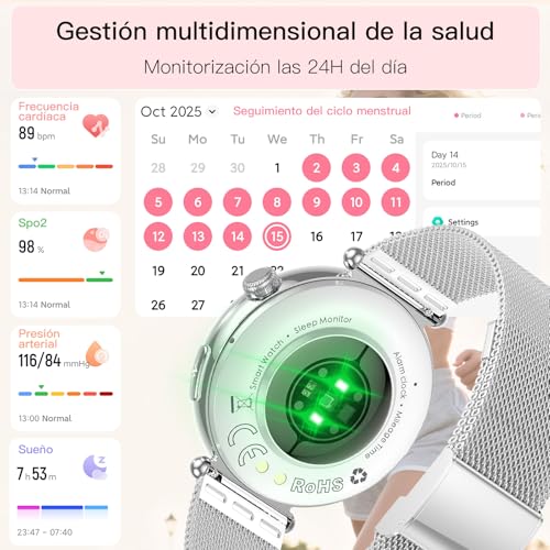 AI-GPT Reloj Inteligente Mujer con ECG Presión Arterial Función Femenina | 1.32"AMOLED Pantalla Reloj Salud,24H Pulsómetro HRV Sueño SpO2 Composición Corporal BMI Fatiga Emociones SOS 30s Mini Chequeo