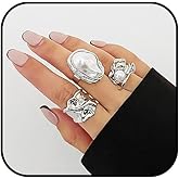 3/6 PCS Silver Chunky Pearl Rings Set for Women Gold Baroque Pearl Flower Open Ring Adjustable Crystal Large Ring Set Personalized Statement Knuckle Rings Fashion Costume Jewelry Accessories