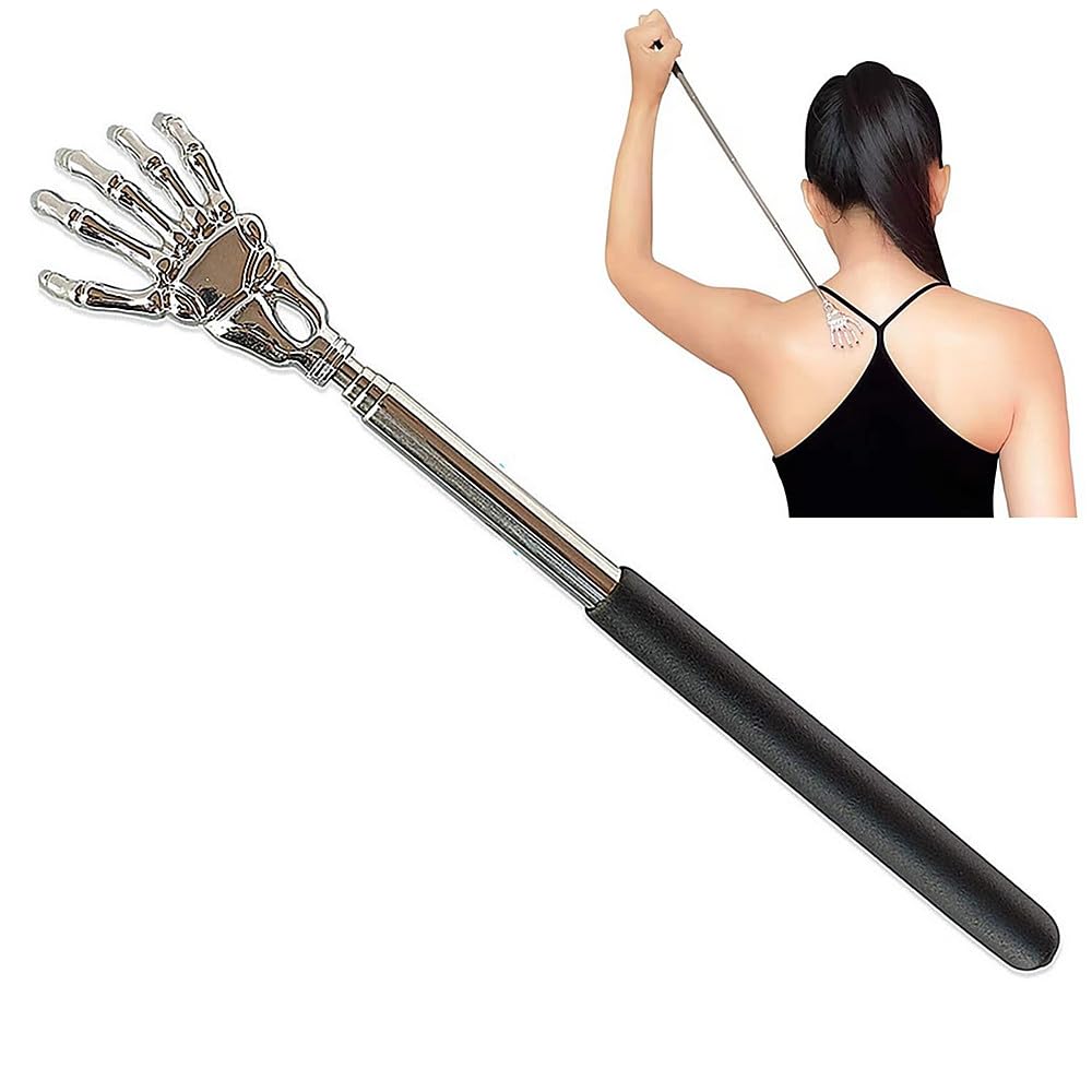 TRIXES Black Back Scratcher – Extendable Telescopic Handle – Stainless Steel Skeleton Hand