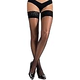 MERYLURE Shiny Thigh High Stockings for Women Reinforced Strong Lace Top Pantyhose Dual Silicone Silk Tights Lingerie