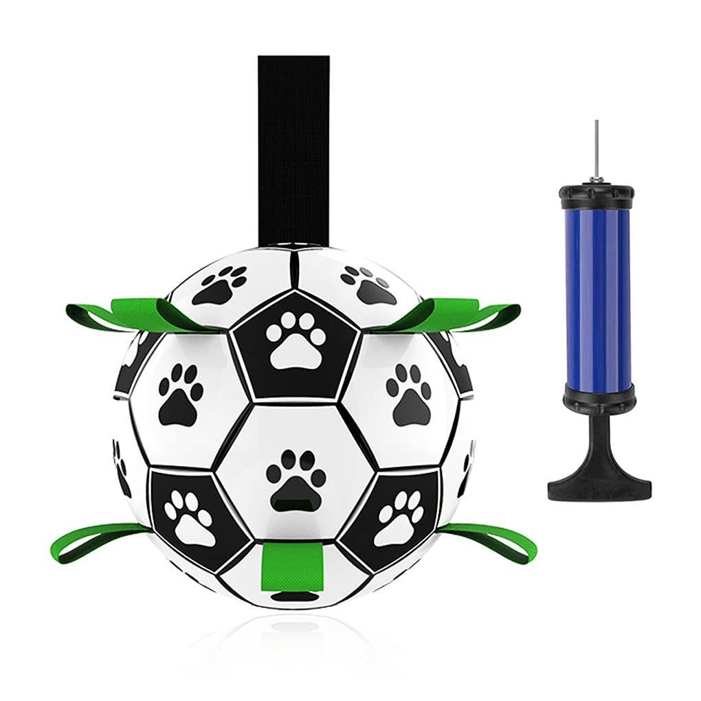 Dog Football Toys with Straps, Interactive Fetch Toy for Dogs, 6 Inches Indoor & Outdoor Dog Floating Soccer Ball with Pump and Needle for Tug Games, Swimming Pools & Dog Training Exercise