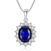 Bellitia Jewelry Princess Diana Created Sapphire 925 Sterling Silver Halo Pendant Necklace for Women, Blue Birthstone Anniversary Birthday Jewelry Set