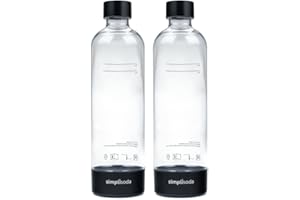 Simpli Soda Carbonating Bottles, 1L 2-Pack Reusable PET Sparkling Water Bottles Compatible with BLU, Philips, Aarke Sparkling Water Maker, 2 Pack, Black (Not Dishwasher Safe)